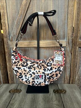 Brighton Leopard Print Crescent Shoulder Bag with Black and Red Accents